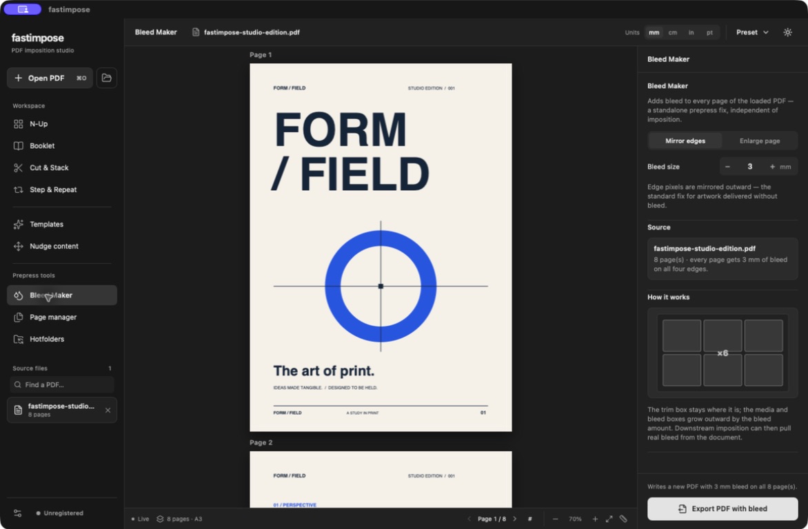 FastImpose Bleed Maker with the PDF preview and settings for bleed width and edge extension.