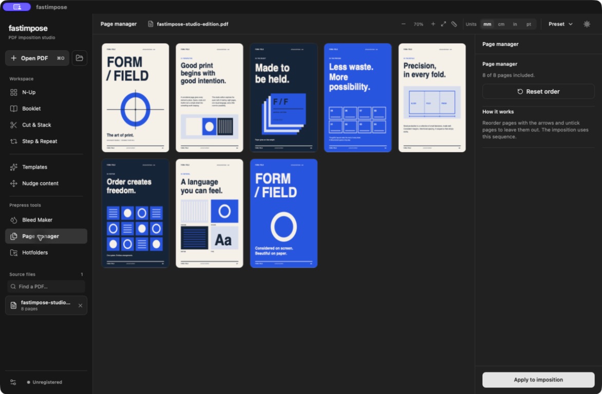 FastImpose Page manager showing source-page thumbnails, page order controls and the page inspector.